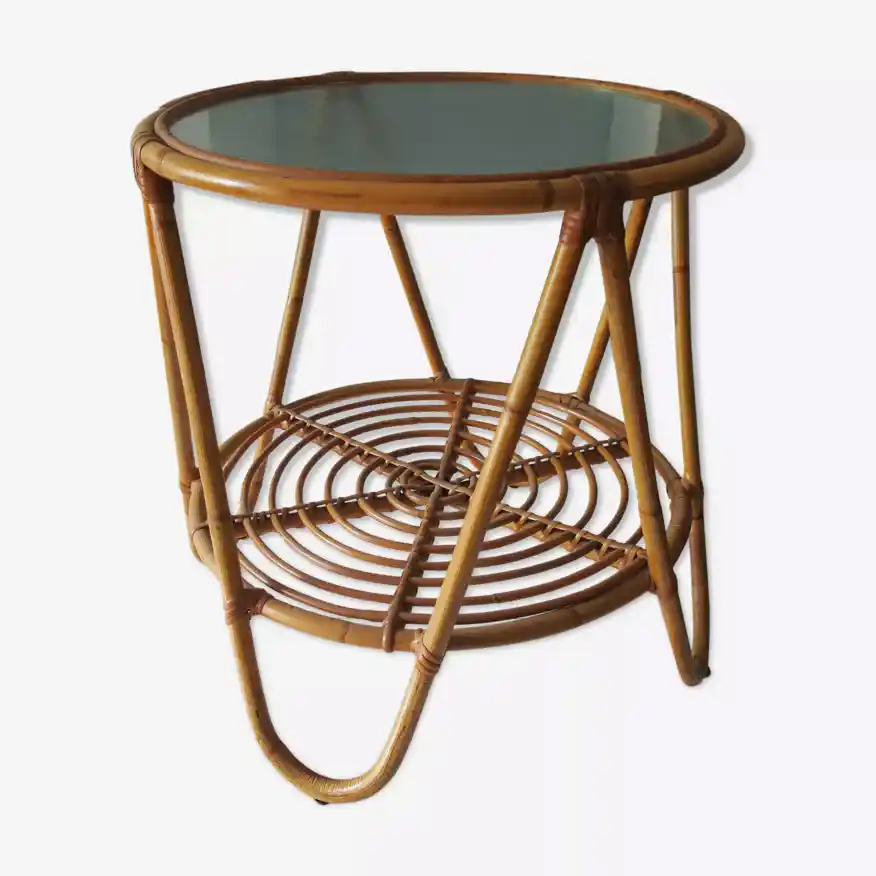 table basse vintage rotin et verre depoli